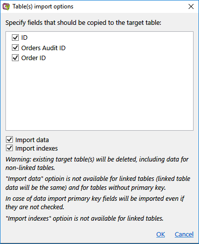 AccdbMerge Docs Table Import Options Dialog