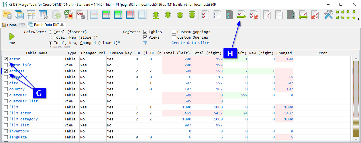 for Cross-DBMS, batch data diff - select tables and merge