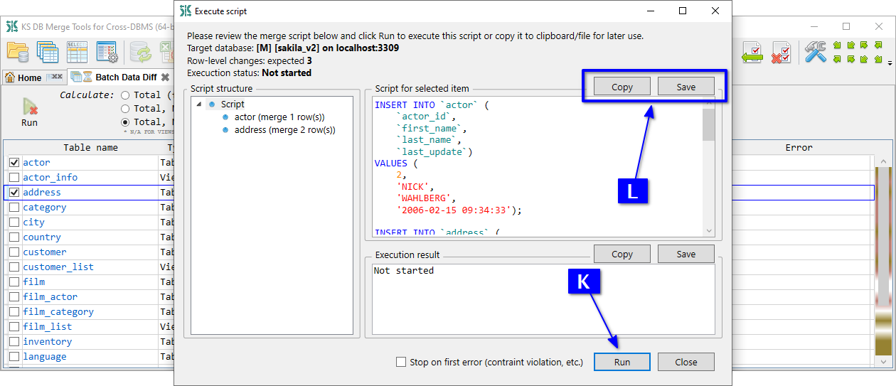 for Cross-DBMS, Execute script dialog for batch data merge