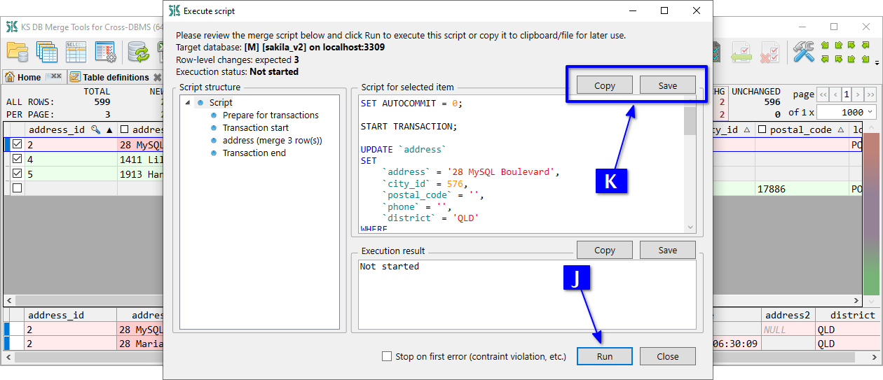 for Cross-DBMS, Execute script dialog with data merge script