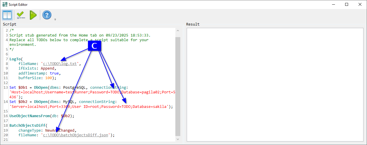 for Cross-DBMS, Script Editor with a script for our current GUI tab