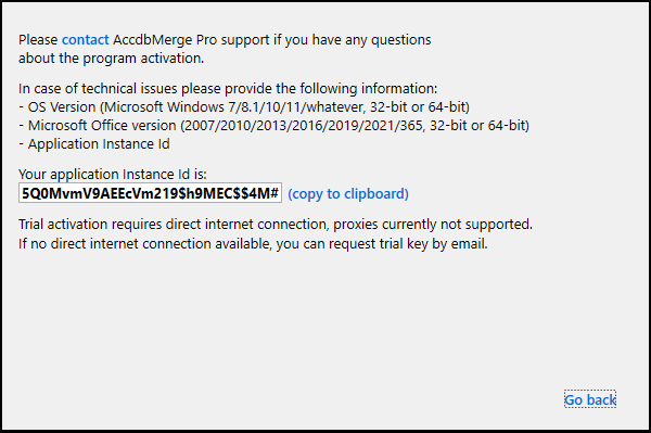 for MS Access, activation help dialog