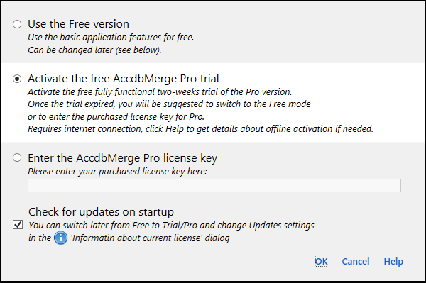 for MS Access, activation dialog