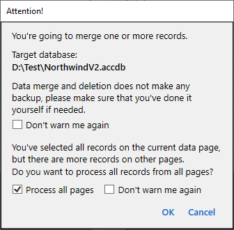 for MS Access, data merge warning dialog