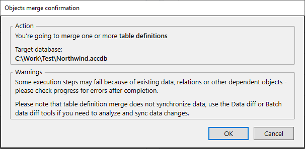 for MS Access, objects merge confirmation dialog