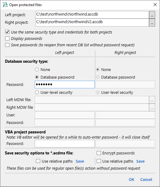for MS Access, open password-protected files dialog