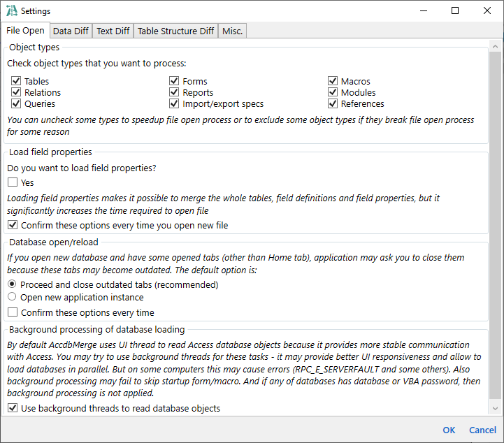 for MS Access, settings dialog