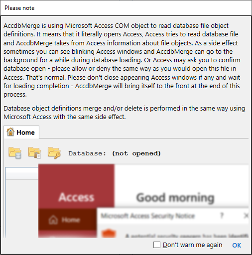 for MS Access, warn about access blink dialog