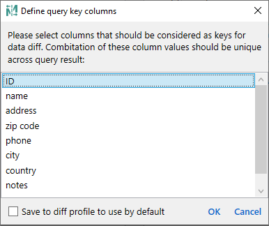 for MySQL, query key columns dialog