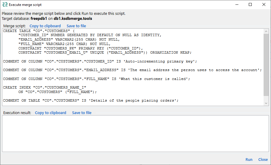 for Oracle, execute script dialog