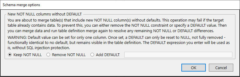 for Oracle, schema merge options dialog