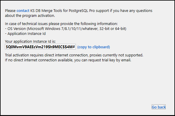 for PostgreSQL, activation dialog help