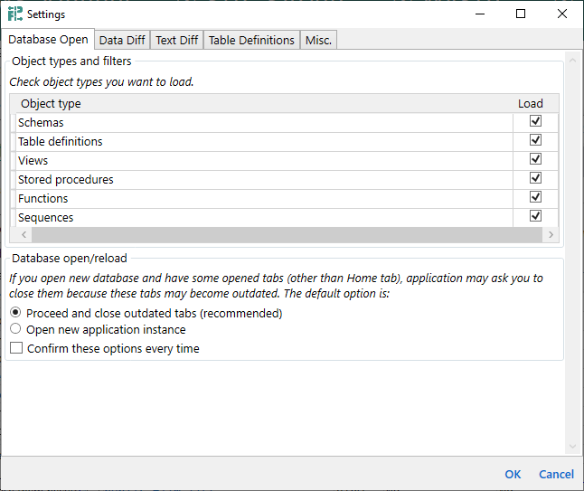 for PostgreSQL, settings dialog