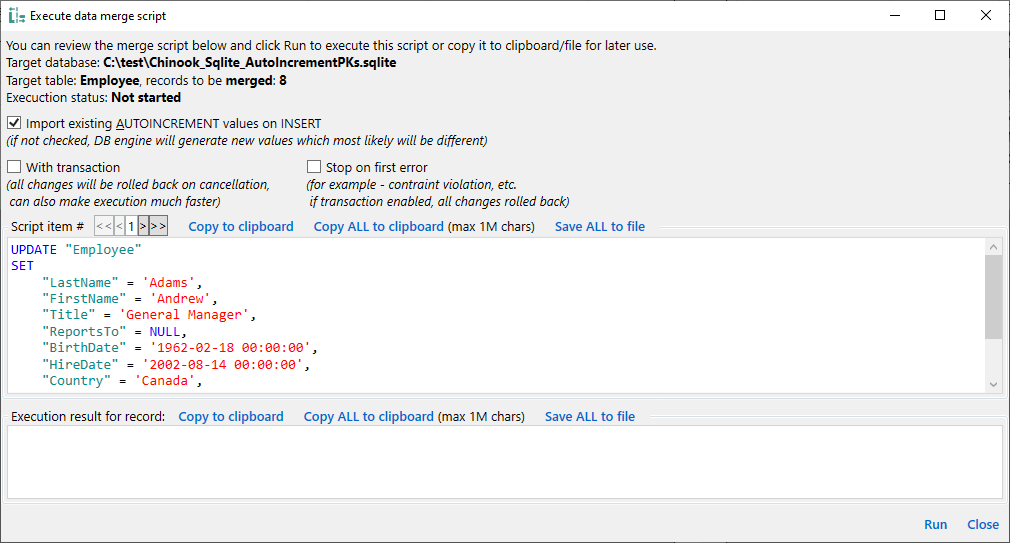 for SQLite, execute data script dialog