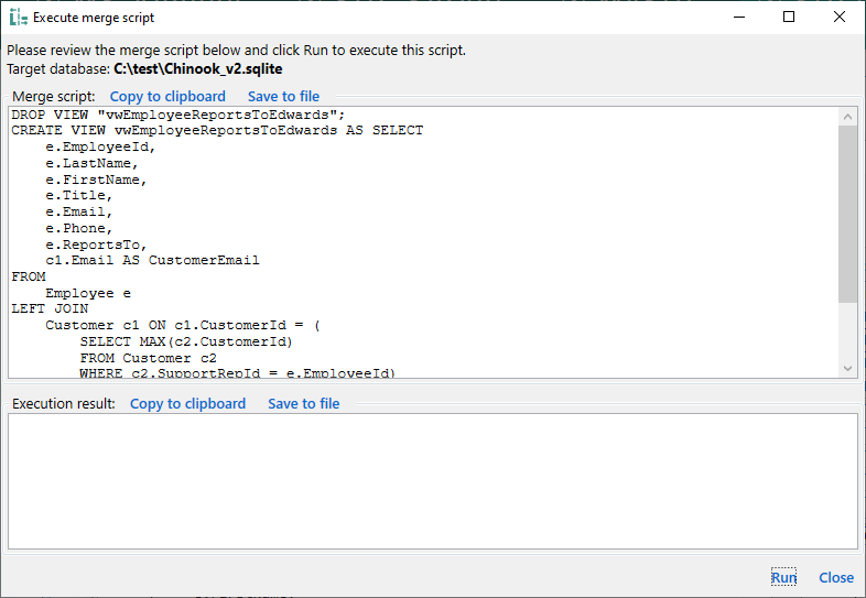 for SQLite, execute merge script dialog