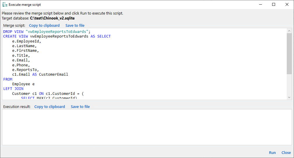 for SQL Server, execute merge script dialog