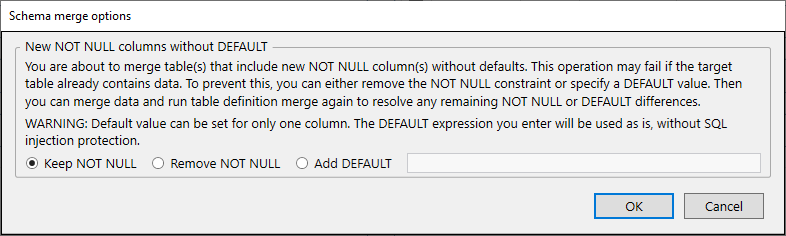 for SQLite, schema merge options dialog