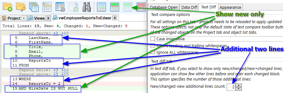 for SQLite, settings dialog text diff additional lines