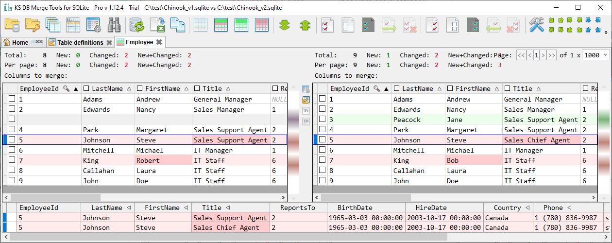 for SQLite, data diff tab