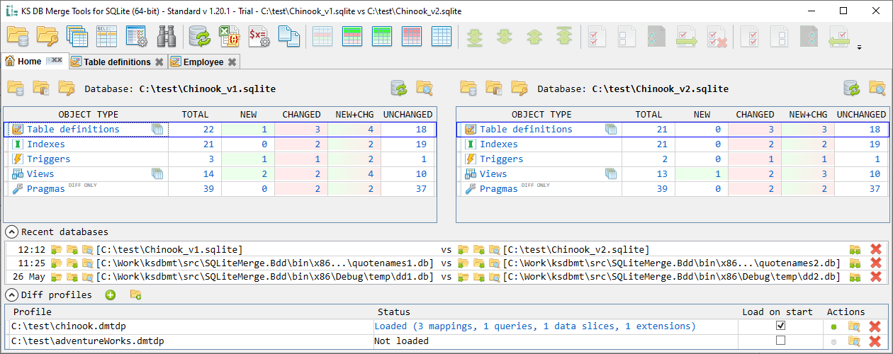 for SQLite, home tab