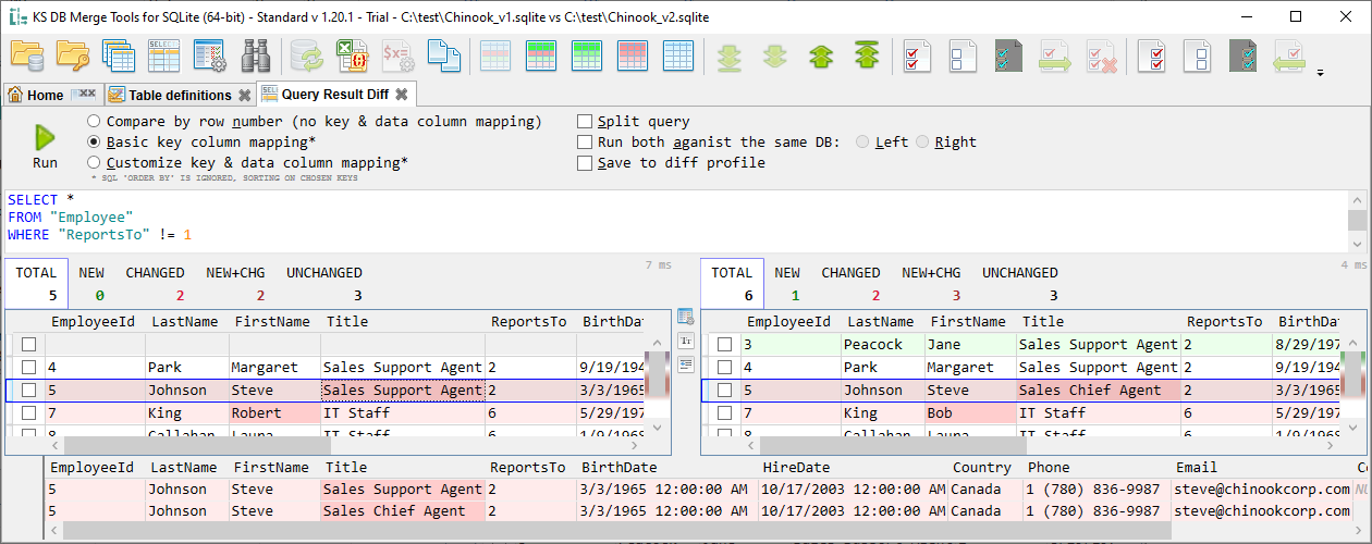 for SQLite, query result diff tab