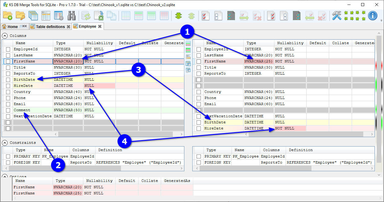 for SQLite, table structure diff tab annotated