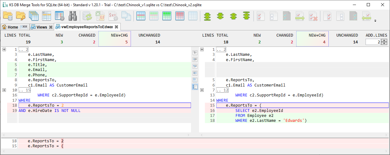 for SQLite, text diff tab