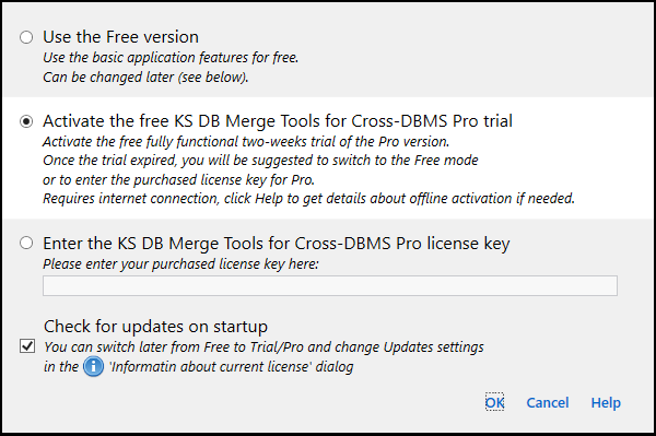 for Cross-DBMS, activation dialog