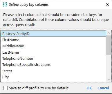 for SQL Server, query key columns dialog
