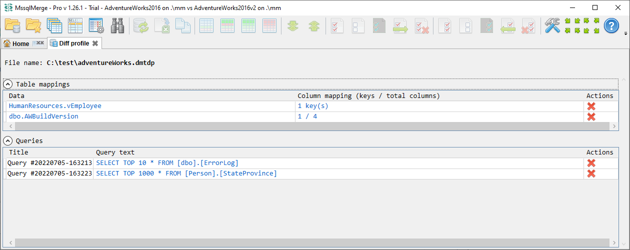 for SQL Server, diff profile editor tab