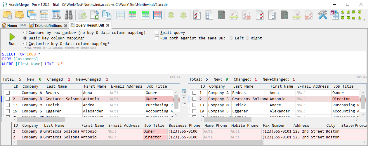for MS Access, query result diff