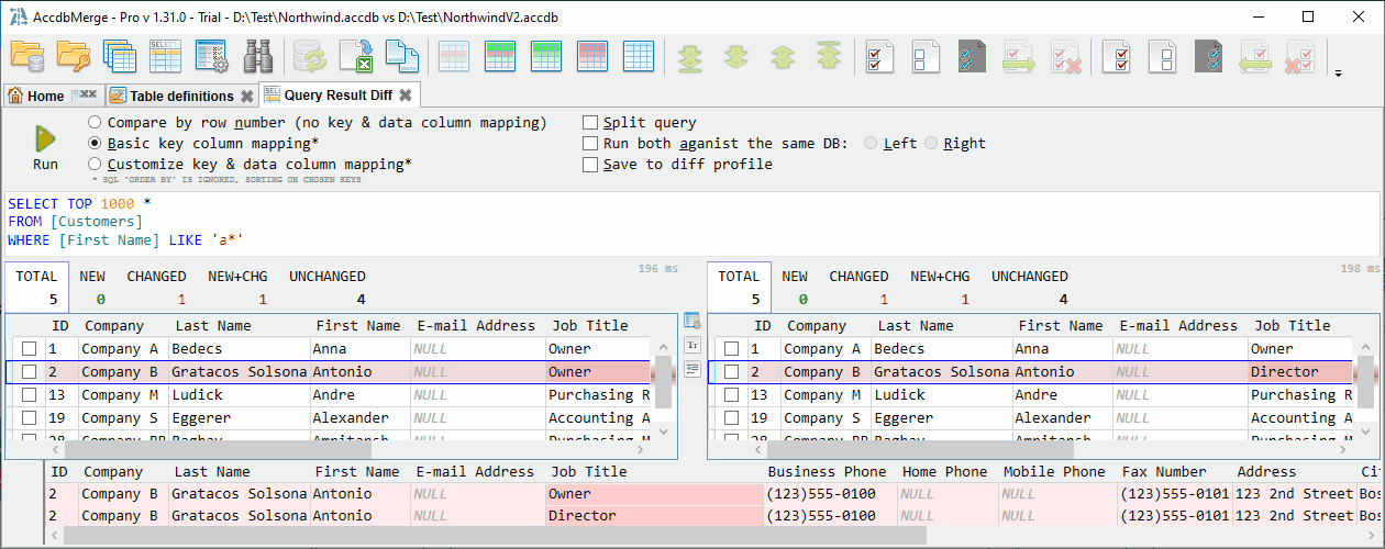 for MS Access, query result diff