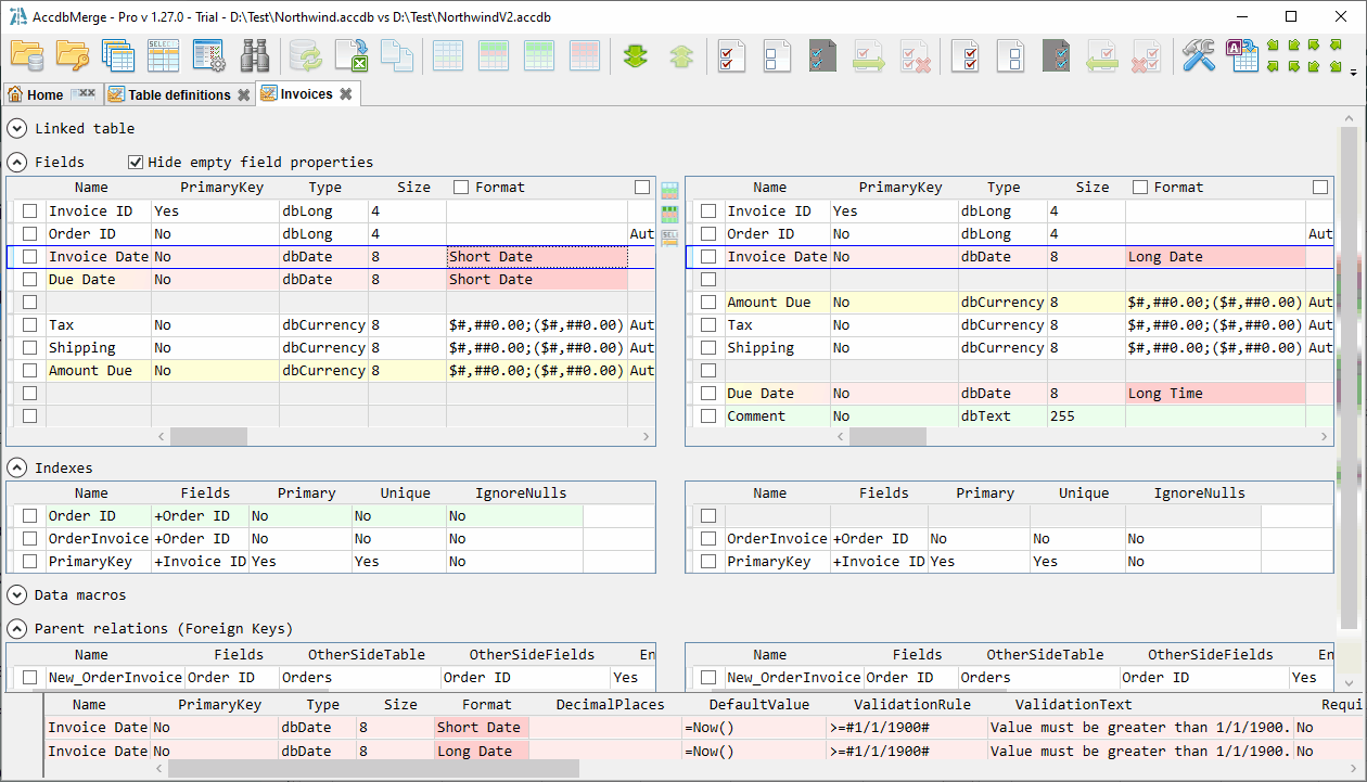 for MS Access, table structure diff