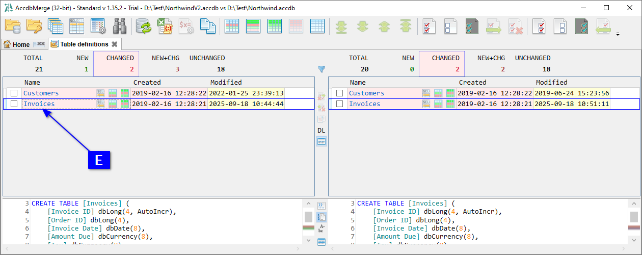 for MS Access, Object list tab with changed tables