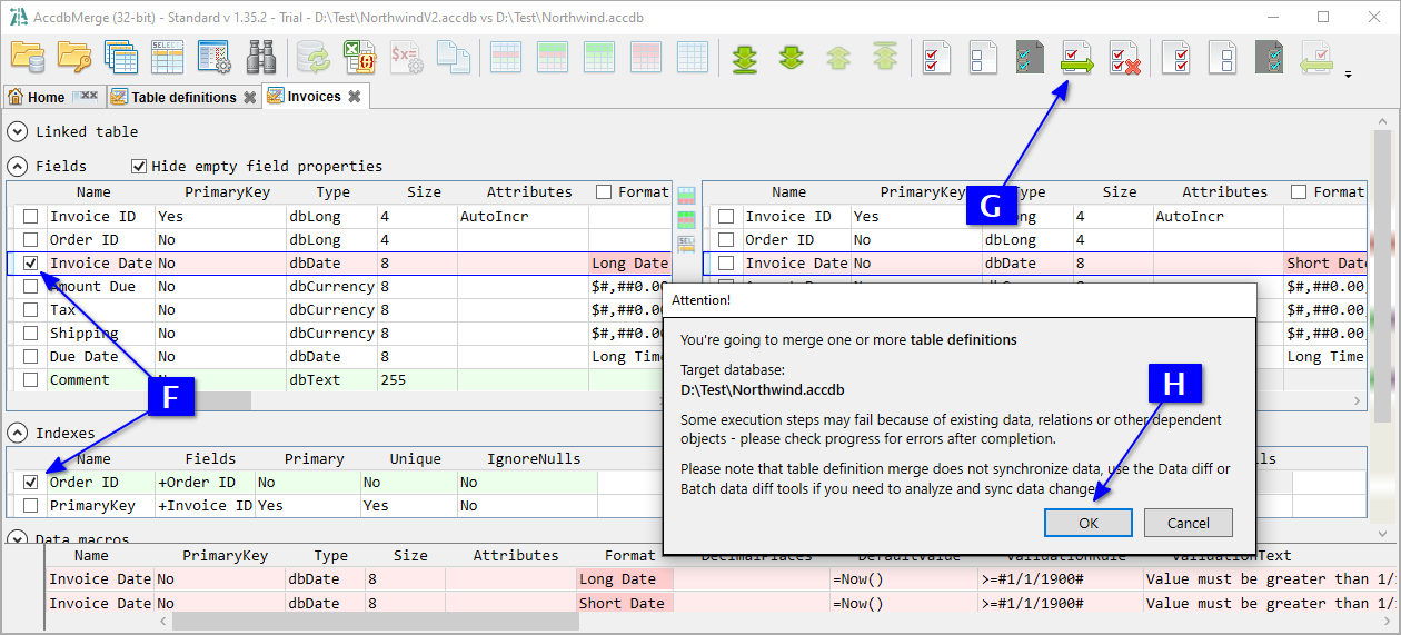 for MS Access, Table structure diff tab