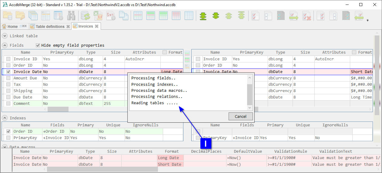 for MS Access, Table structure diff tab - merge progress