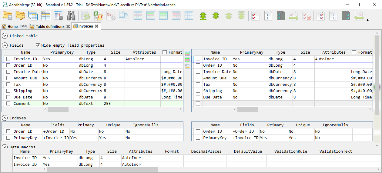 for MS Access, Table structure diff tab - merged items have the same definition