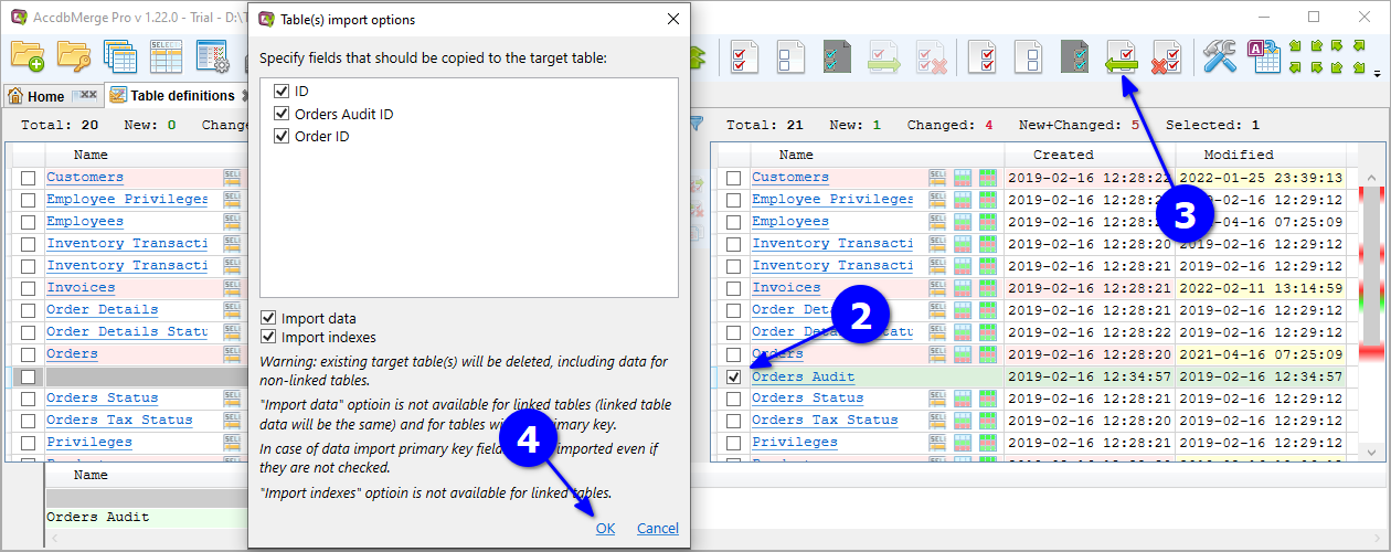 for MS Access, object list select table click merge and set up options