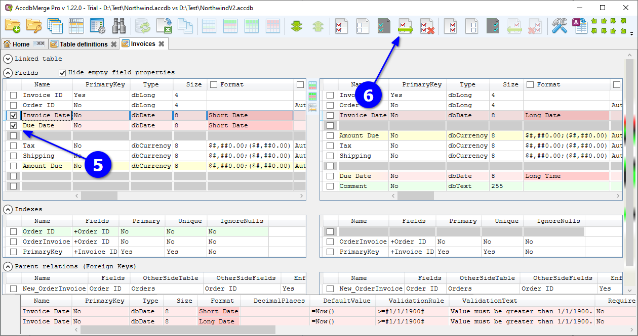 for MS Access, table structure diff tab select columns and merge