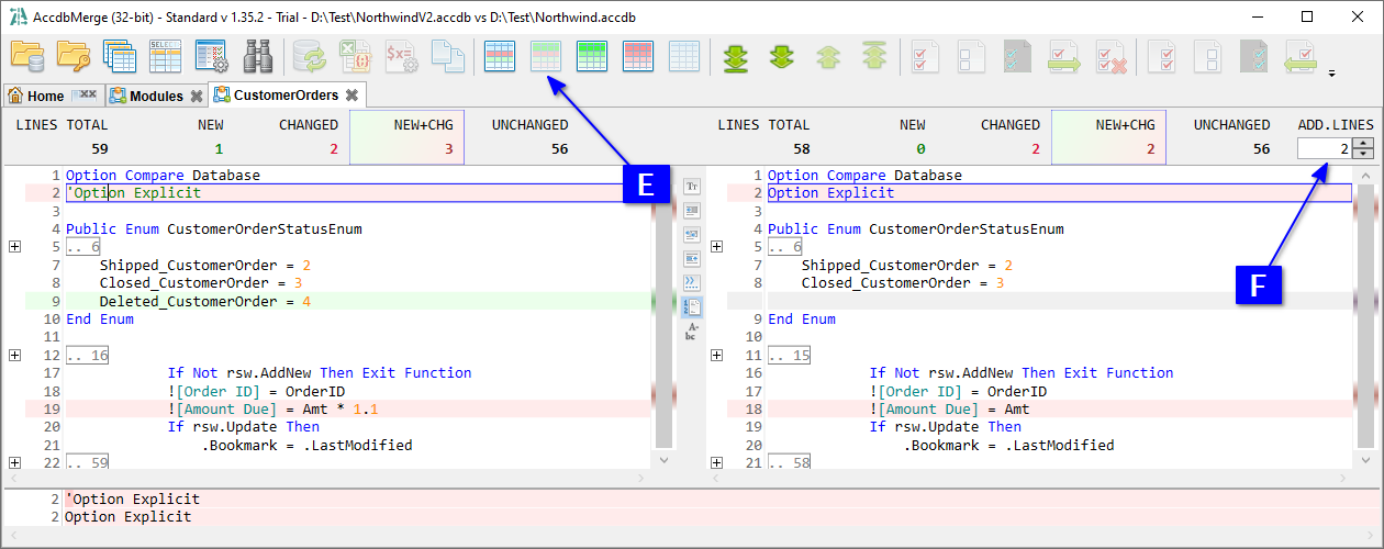 for MS Access, Text diff tab with a changed module, show new and changed