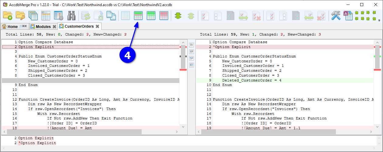 for MS Access, object list click module and open text diff