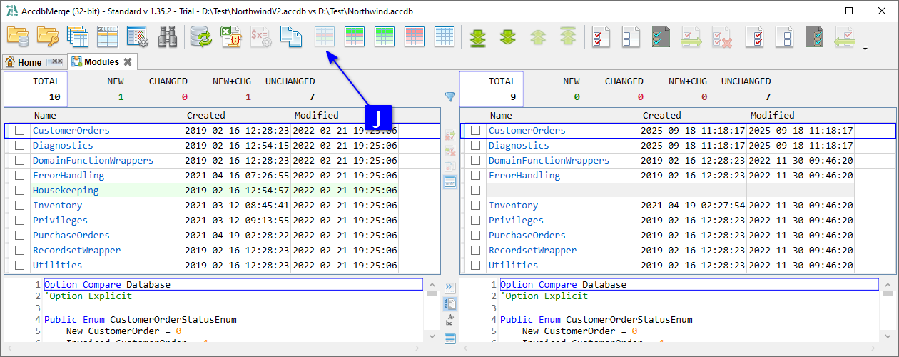 for MS Access, Object list - merged objects have the same definition in both databases