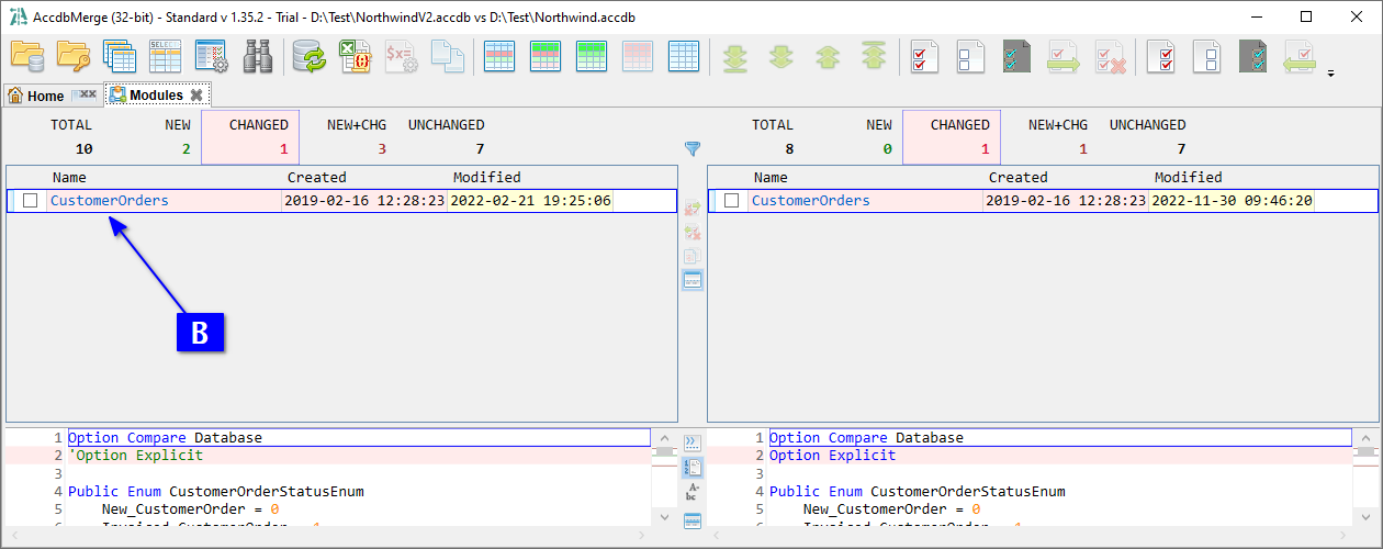 for MS Access, Object list tab with changed modules