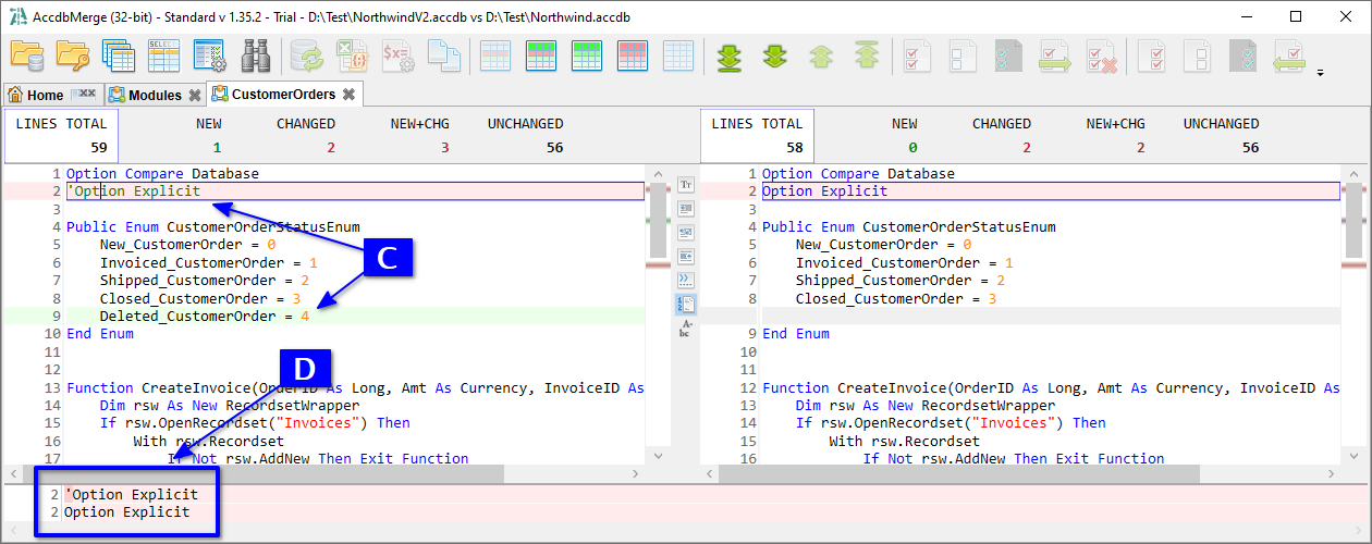 for MS Access, Text diff tab with a changed module