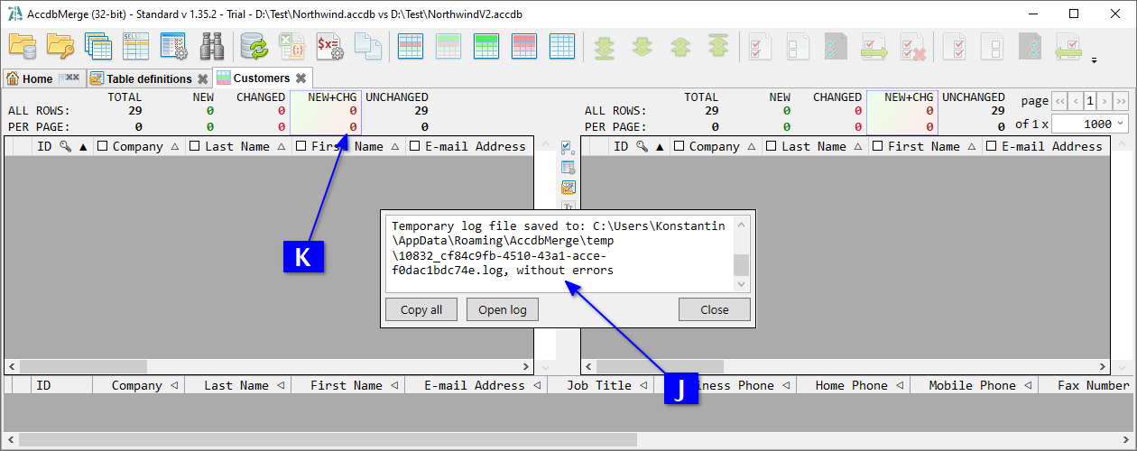 for MS Access, data merge progress and result