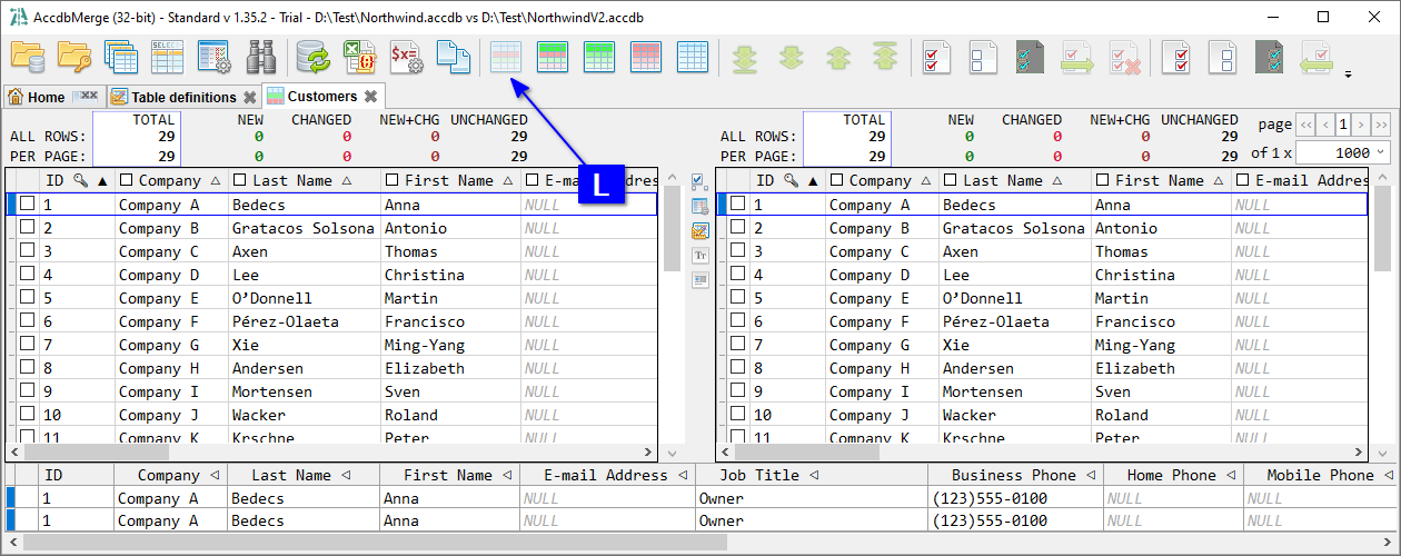 for MS Access, data diff - show all to check merge result