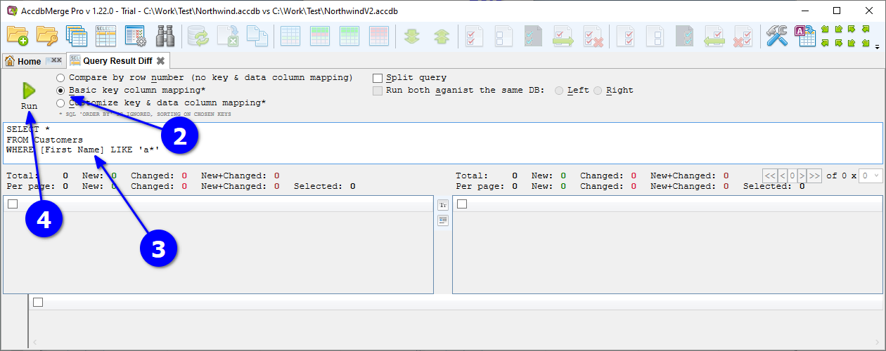 for MS Access, query result diff set up options