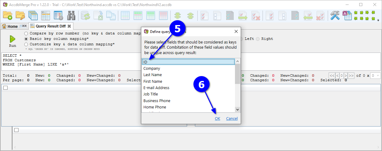 for MS Access, query result diff run and choose keys
