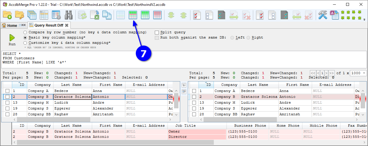 for MS Access, query result diff can show new and changed