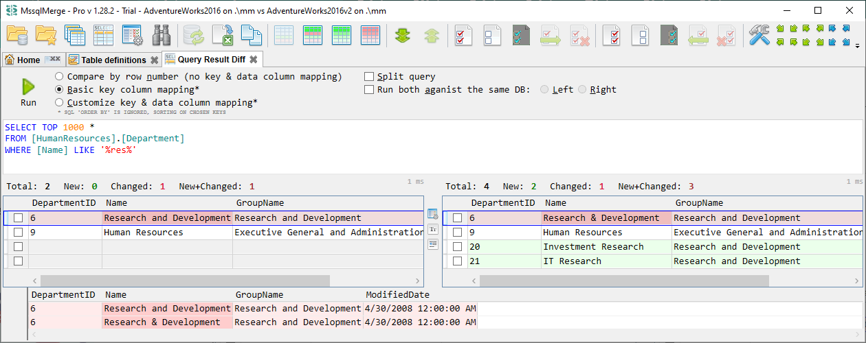 for SQL Server, query result diff